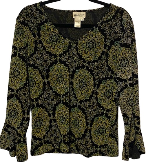 Coldwater Creek BOHO Blouse Top with Ruffle Sleeve MANDALA Small EUC Luminescent - Picture 2 of 7